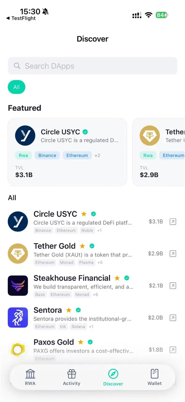 Favo Wallet RWA discovery screen